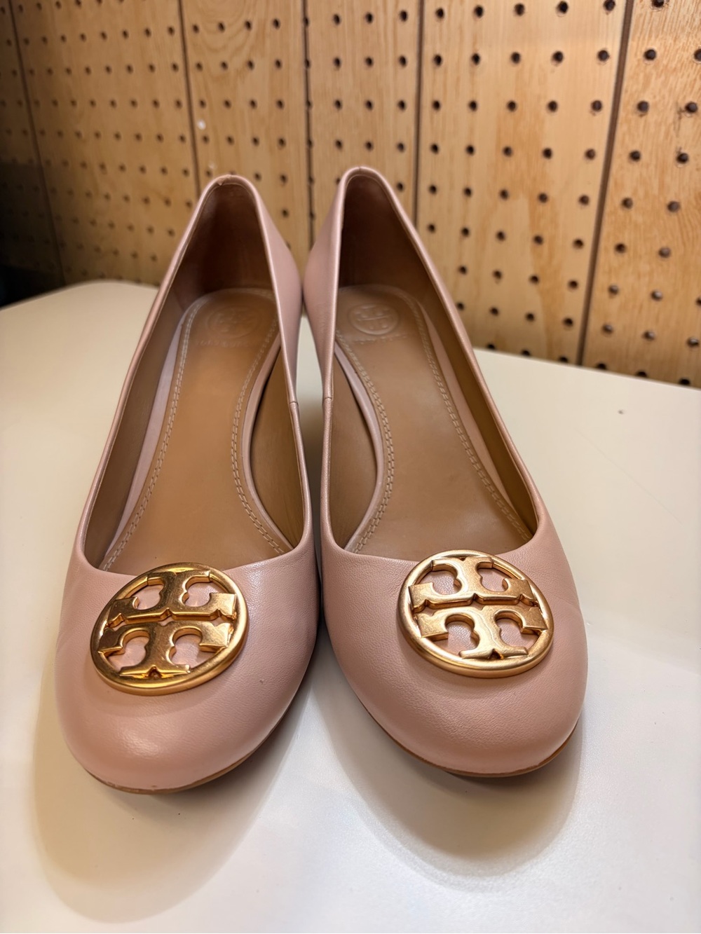 Tory Burch Blush Pink Leather Logo Round-Toe Wedge - Picture 2 of 8
